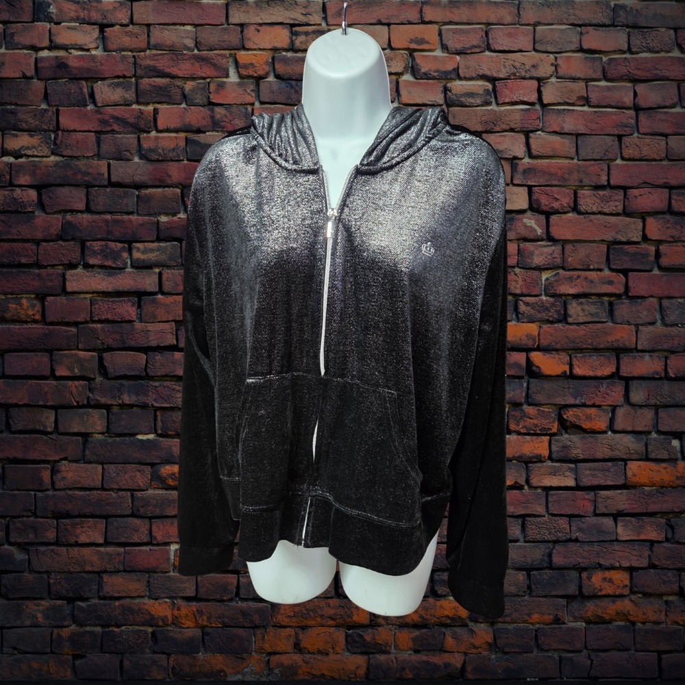 Juicy Couture Women's Shimmer‎ Zip Hoodie Size 2X Black Velour Jacket
